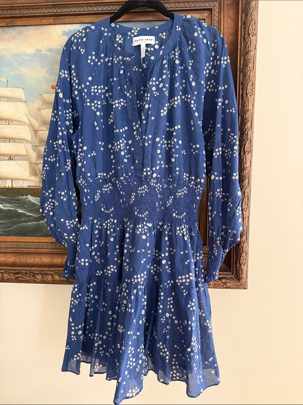 Apiece Apart Navy Blue Dot-Print Tiered Long-Sleeve Dress